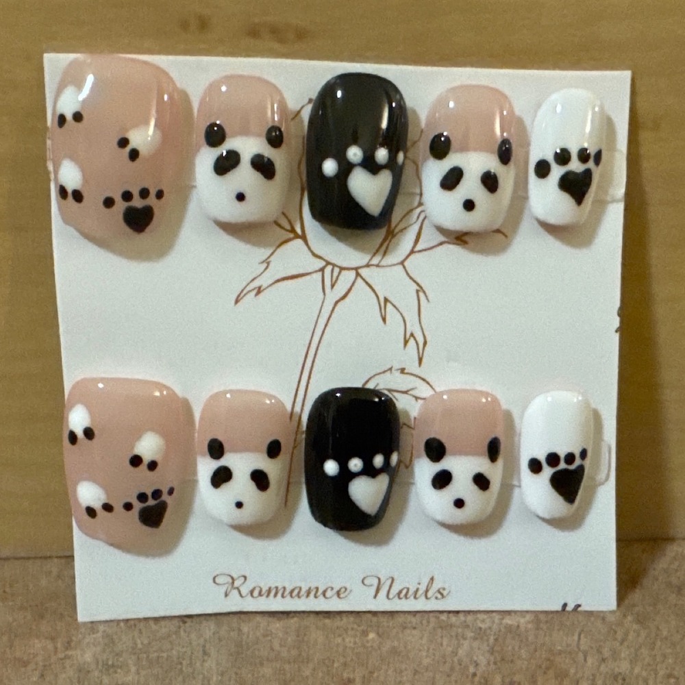 Panda Paw Print Press On Nails Pink Black White Short Square Kawaii Nail Art Set